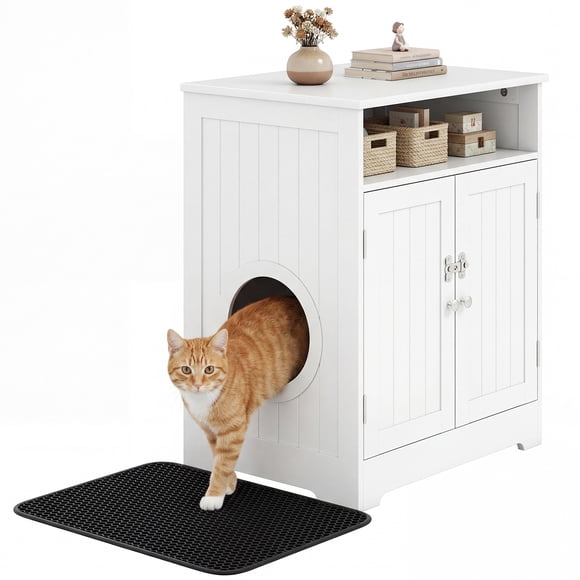 Gymax Wooden Cat Litter Box Enclosure w/ Easy Cleaning Litter Mat Storage Compartment