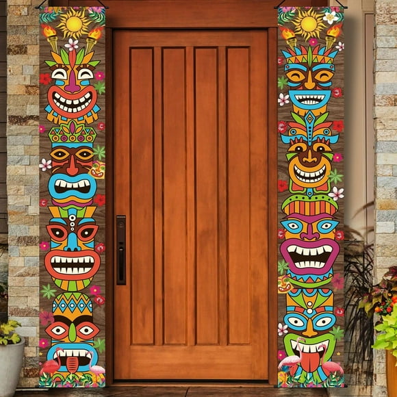 Tiki Luau Party Pack - Hawaiian Banner & Totem Door Sign Set for Birthday & Outdoor Decorations - 2Pcs Tiki Party Supplies for Tropical Vibes