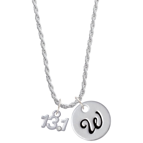 Delight Jewelry Silvertone Half Marathon - 13.1 with Clear Crystal Silvertone Script Initial Disc - W - Charm Necklace, 20"+3"