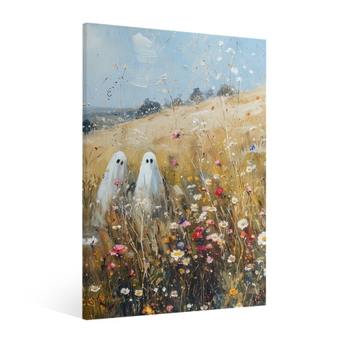 Vintage Halloween Cute Ghost Canvas Wall Art Painting, Gothic Print Pictures for Home Wall Decor Retro Horror Creepy Dark Posters for Living Room Bedroom Bar Home Halloween Party Decor Framed