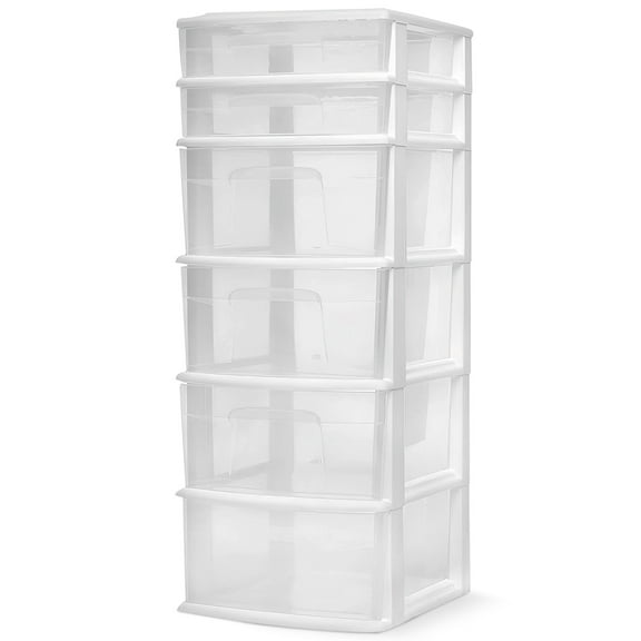 Open Box Homz Plastic 6 Drawer Medium Home Storage Container Tower, White Frame