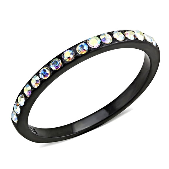 Luxe Jewelry Designs Women's Black Ion Plated Stainless Steel Ring with Aurora Borealis Crystals -