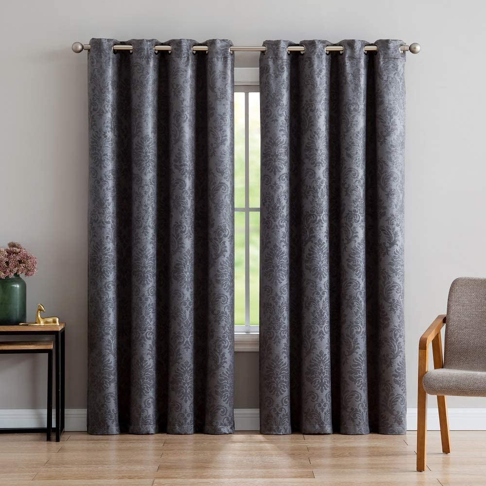 WARM HOME DESIGNS 1 Pair (2 Panels) of Black Charcoal Blackout Curtains with Embossed Textured Damask Flower Pattern. EV CHAR 2x54x63