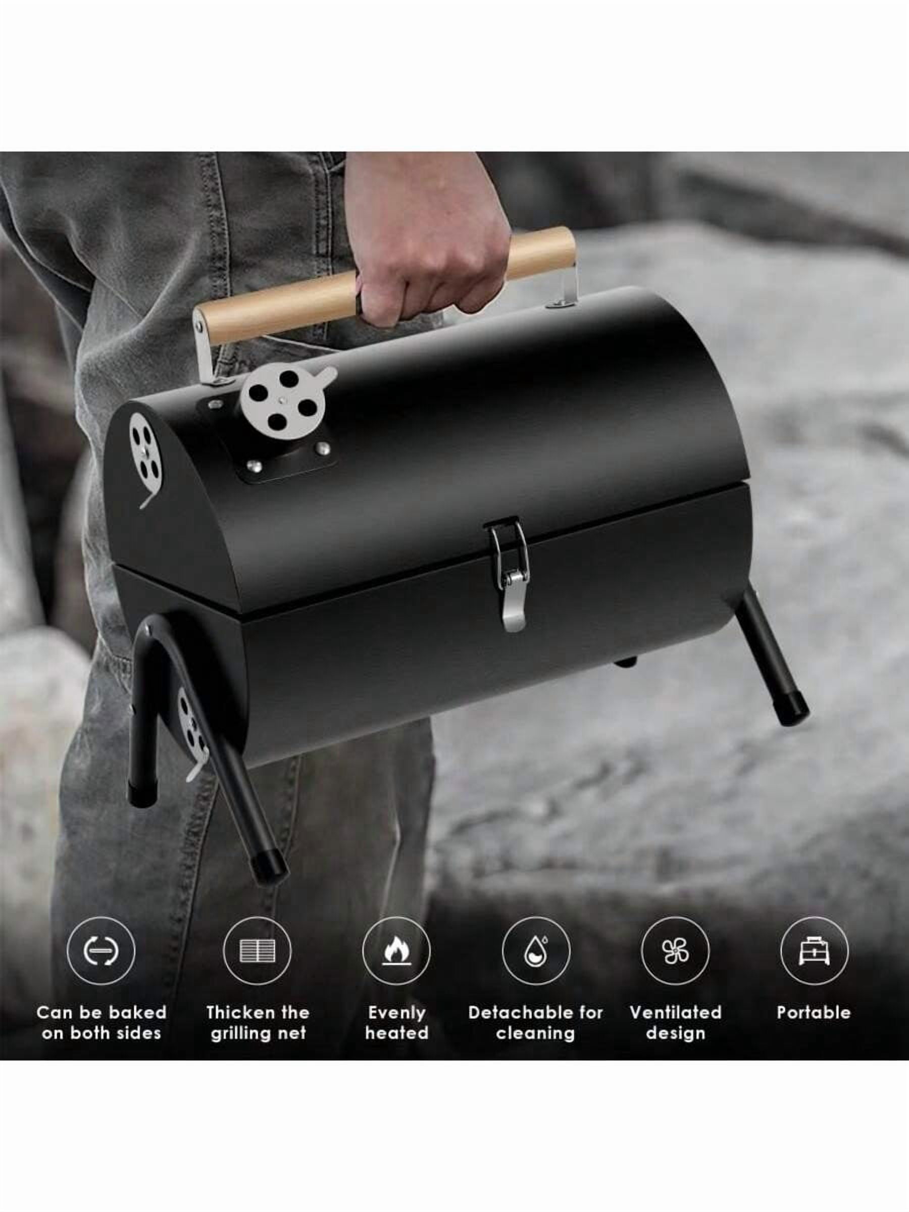 Compact Portable Charcoal Grill Barrel - Double Sided Collapsible Design, Great For Outdoor Cooking And Camping, Black Stainless Steel Smoker With Wooden Handle, Great For Grilling Shrimp