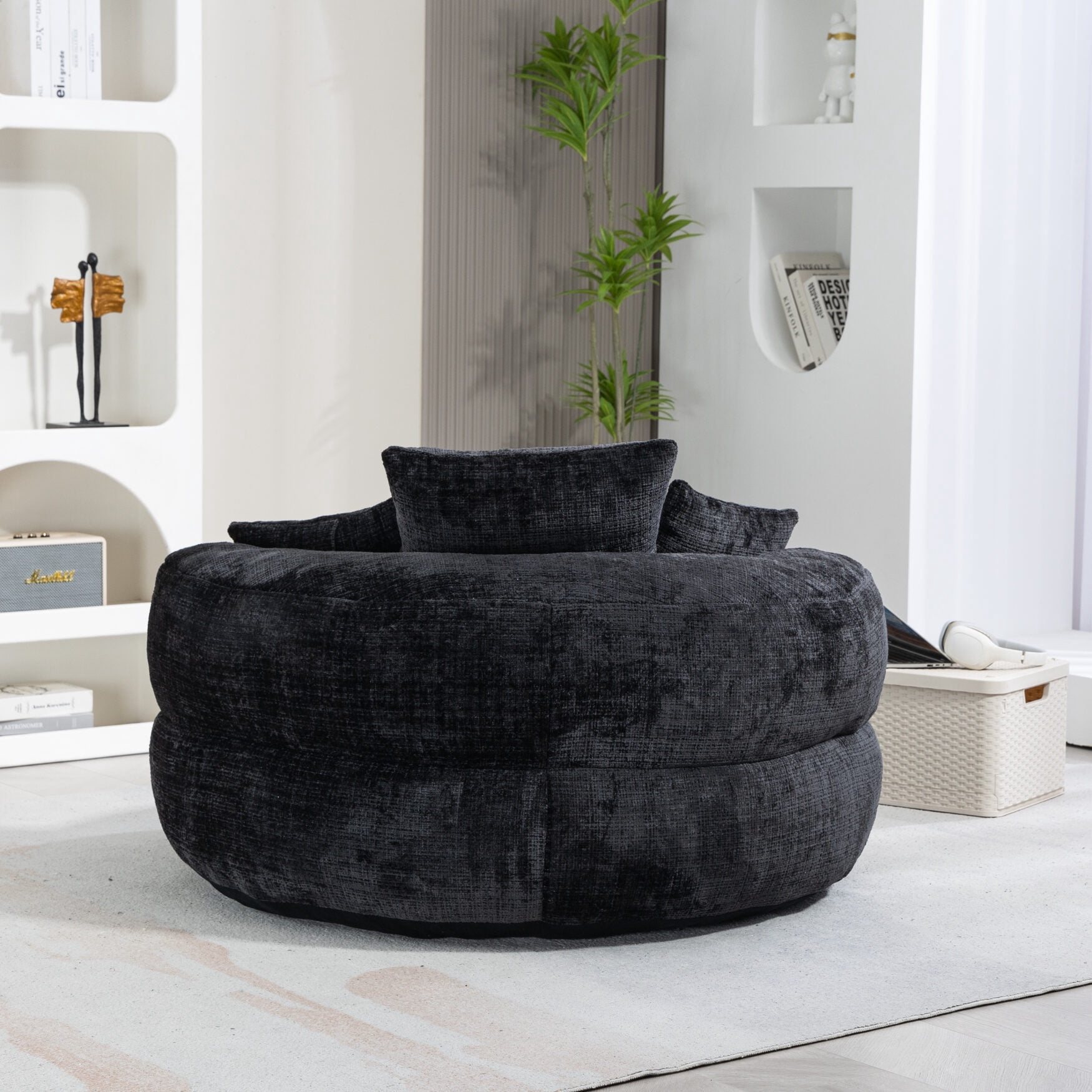 Oversized Chenille Bean Bag Chair for Adults & Kids, Indoor & Outdoor Lazy Bean Bag Sofa with Wrap-Around Backrest & Pillows for Bedroom, Living Room, Playroom, 42.52''x42.52''x20.47'', Black