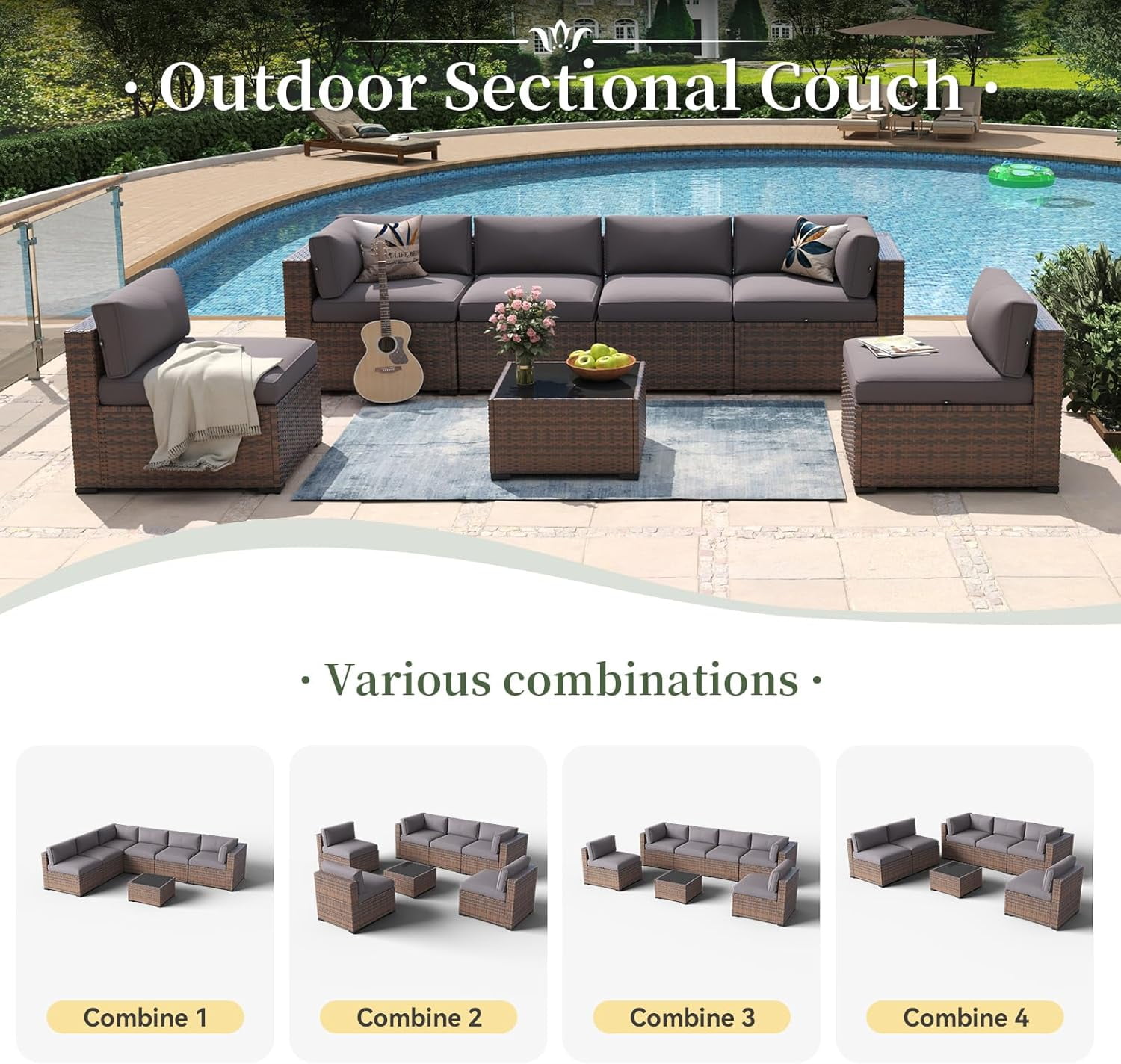 Aoxun 7 Piece Patio Furniture Set Wicker Rattan Patio Conversation Set Outdoor Sectional Sofa Set with Coffee Table and 4” Thickened Cushions, Gray(Waterproof Cover Included)