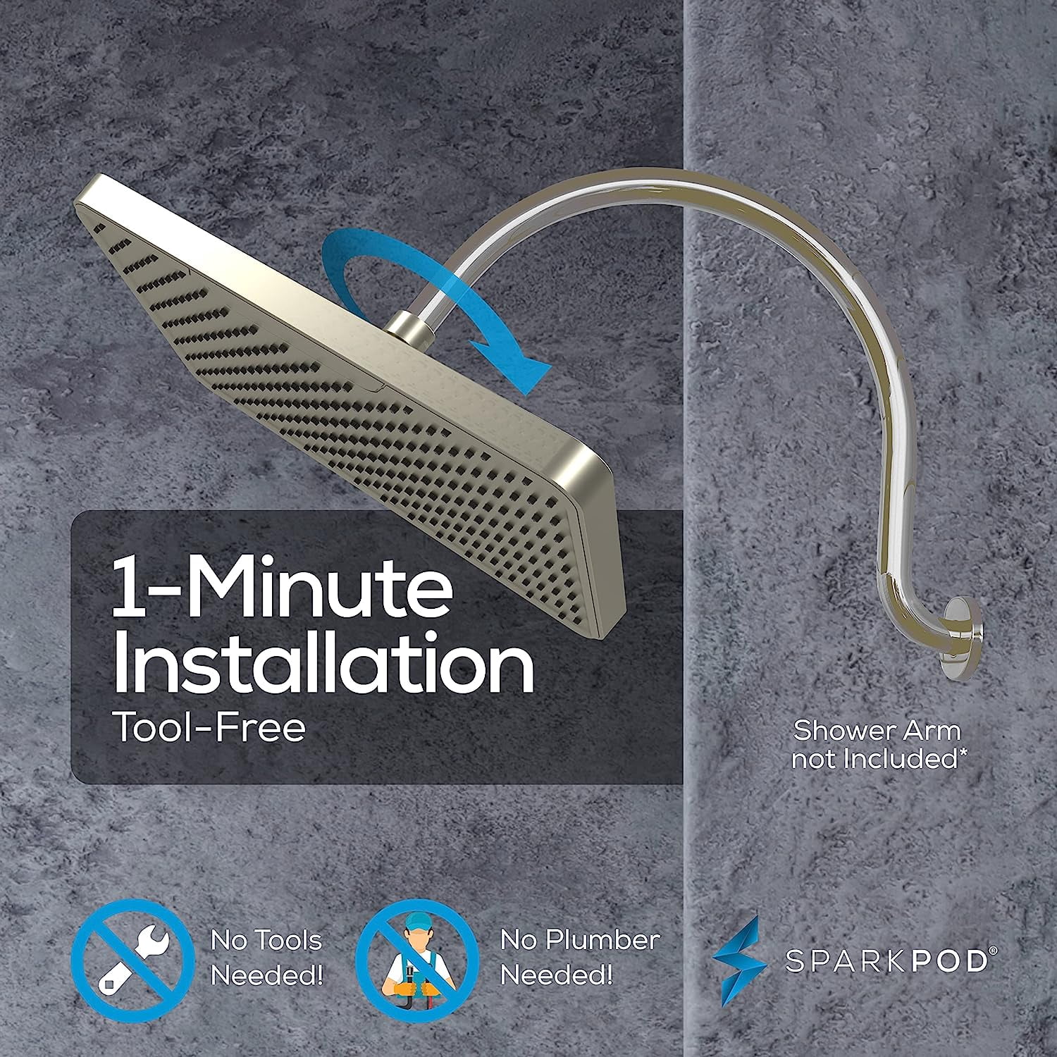 SparkPod 12" Rainfall Shower Head - Wall/Ceiling Mount - High Pressure, Anti-Clog, Easy Install (Bursehd Nickel)