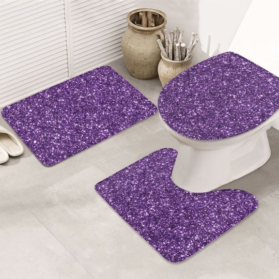 Bathroom Rugs Sets 3 Piece - Purple Glitter Absorbent Non Slip Bath Mats, U-Shape Toilet Lid Cover, Contour Mat, Soft Washable Shower Mats Bath Rug Mat for Bathroom Tub Toilet