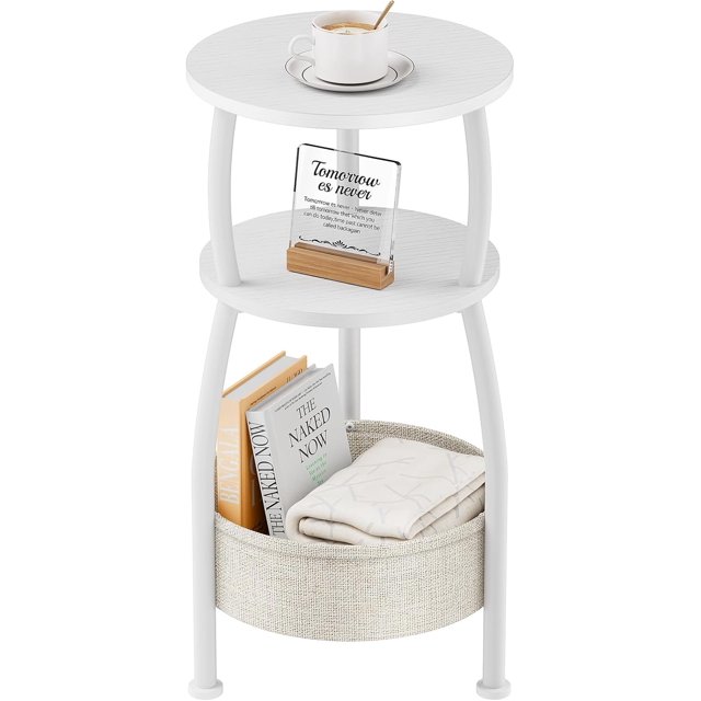 Petite Table d'Appoint pour Salon avec Panier de Rangement, Table d'Appoint Ronde à 3 Niveaux Gain de Place Table de Chevet Support d'Angle pour Canapé, Chambre, Jardin et Plus 24 Po de Hauteur Blanc Mat