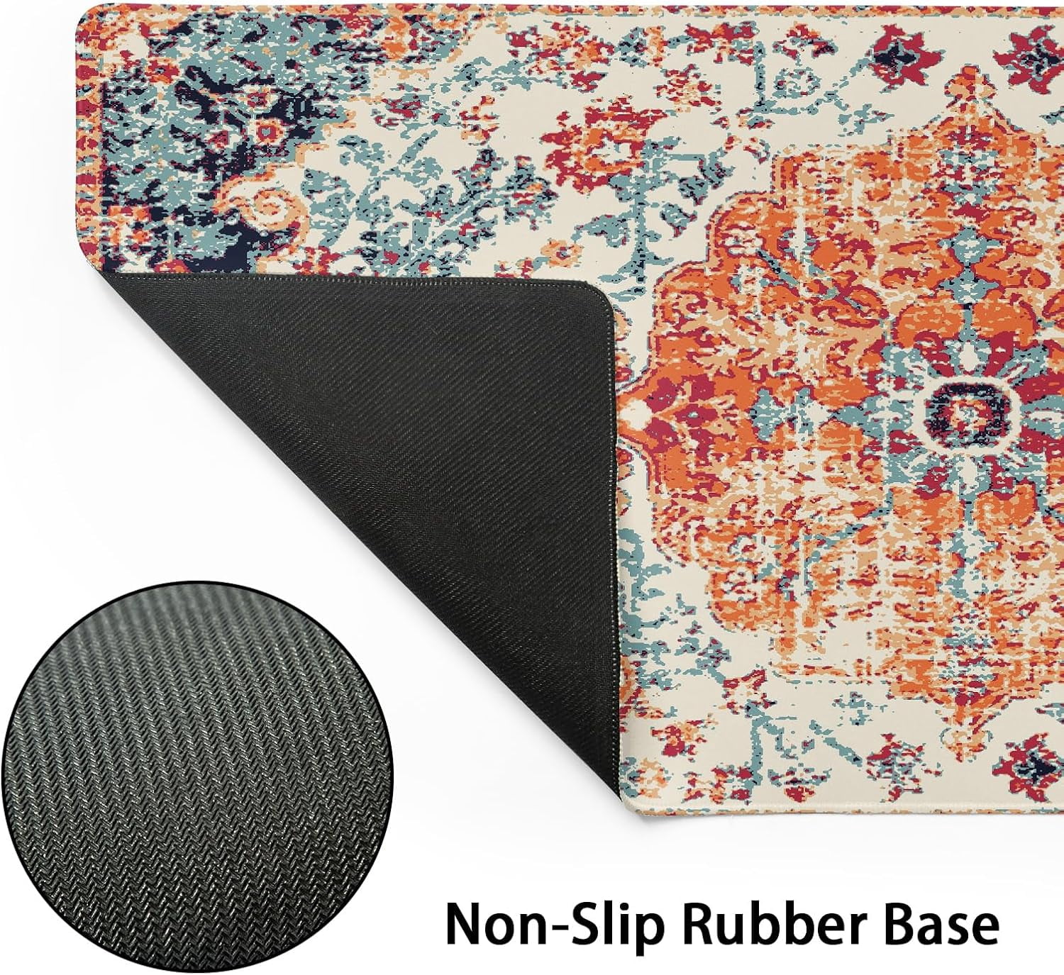 Orange Teal Boho Gaming Mouse Pad - XL Rug Carpet, Bohemian Retro Extended Large Desk Mat, Non-Slip Rubber Base, Stitched Edge, Long Desk Pad for Desktop Office PC Gamer, 31.5x11.8in