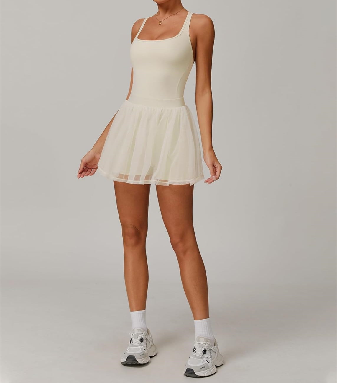 PISONIC Womens Tennis Golf Dress with Built-in Bra Shorts Backless Square Neck Mini Puffy Skirt Athletic Dresses with Pockets
