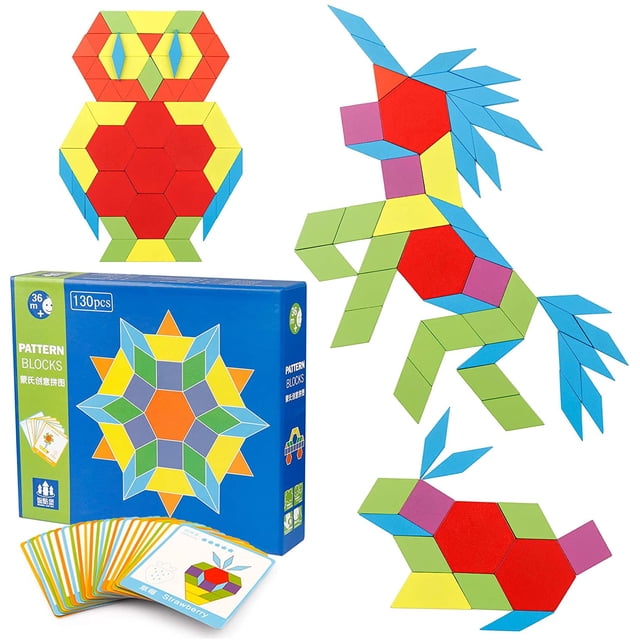 Juego de bloques de patrón de madera 130 piezas Rompecabezas de formas manipulativas geométricas - para niños con 24 tarjetas de diseño oso de fresa Electrónica