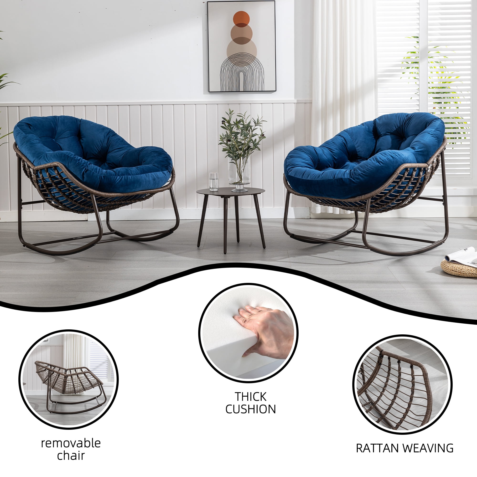 MOONMISS Rattan Rocking Chair, Indoor & Outdoor Comfy Rocker Chair with Thick Cushion, Modern Lounge Chair for Balcony, Porch, Garden, Backyard, Deck, Navy