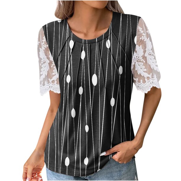 ICHUANYI Clearance Women's Fashion Printed T-shirt Lace Short Sleeves Blouse Round Neck Casual Tops(Black, XL) ICHUANYI WER2023080908052
