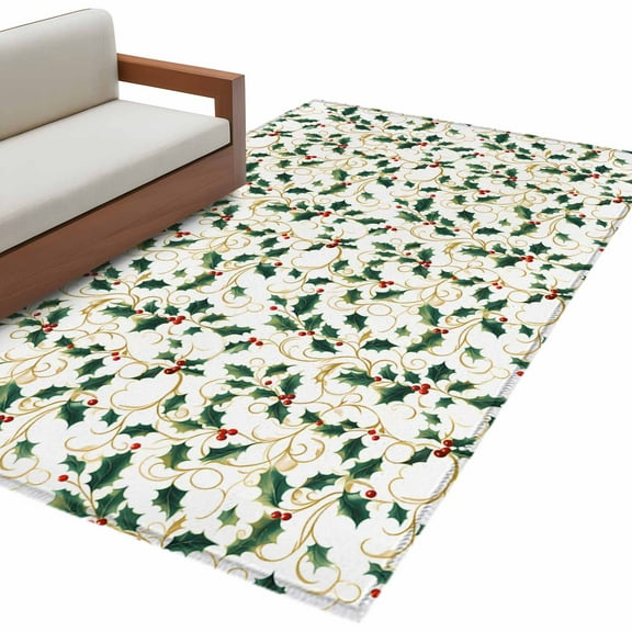 Christmas Botanical Area Rug 3x5 FT, Non Slip Entryway Bedside Carpet, Green Xmas Leaf Berry Washable Soft Floor Carpet Indoor Mat Non-Shedding Throw Rug for Dorm Kitchen Home Office