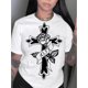 thumbnail image 1 of Women's Casual Cross with Floral and Letters Print T-Shirt, Polyester Blend Crew Neck Tee with Medium Stretch, Fashionable Short Sleeve Top for All Seasons, 1 of 6