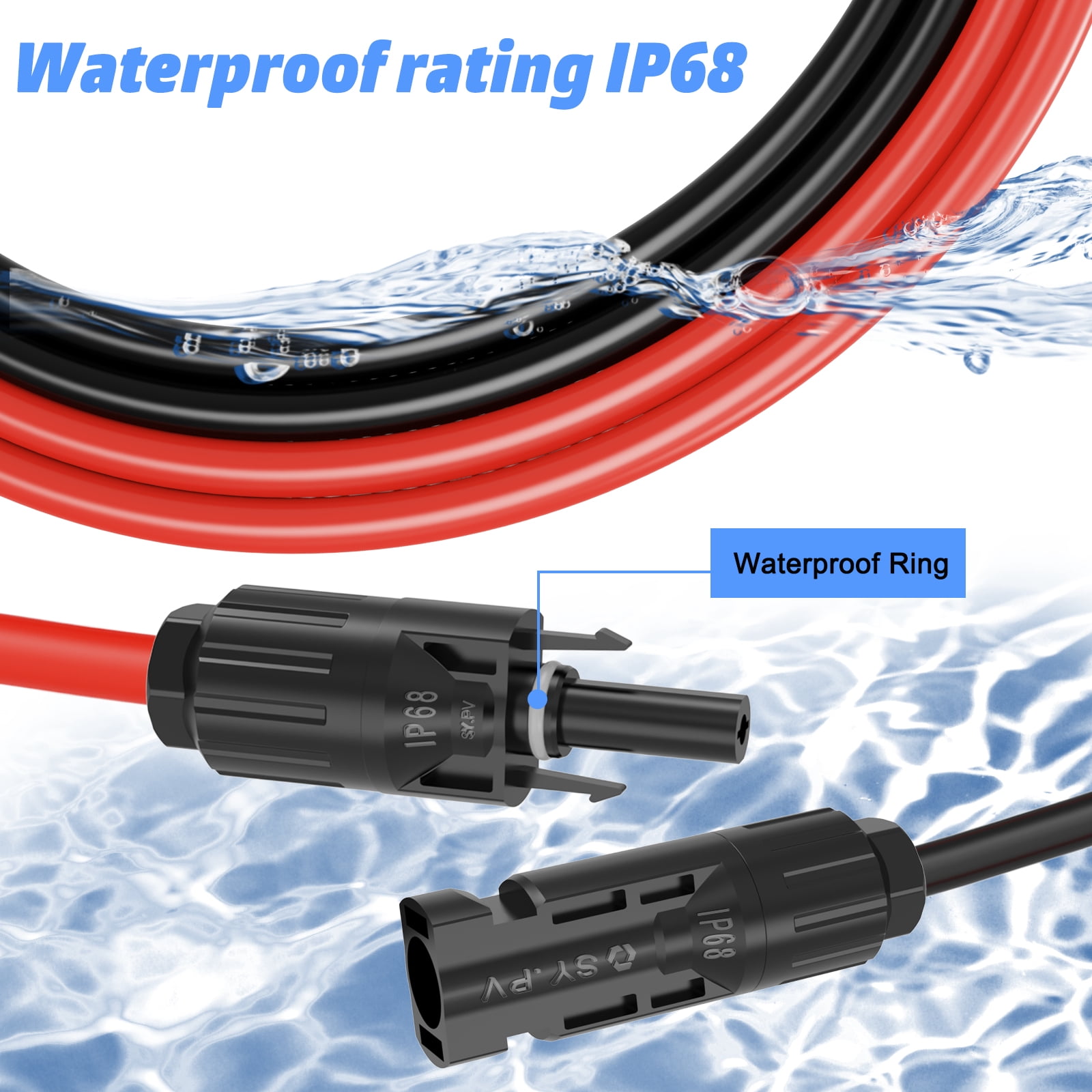 10AWG 20 Feet Red + 20 Feet Black Solar Panel Extension Cable, IP68 Waterproof Connector Solar Extension Cable