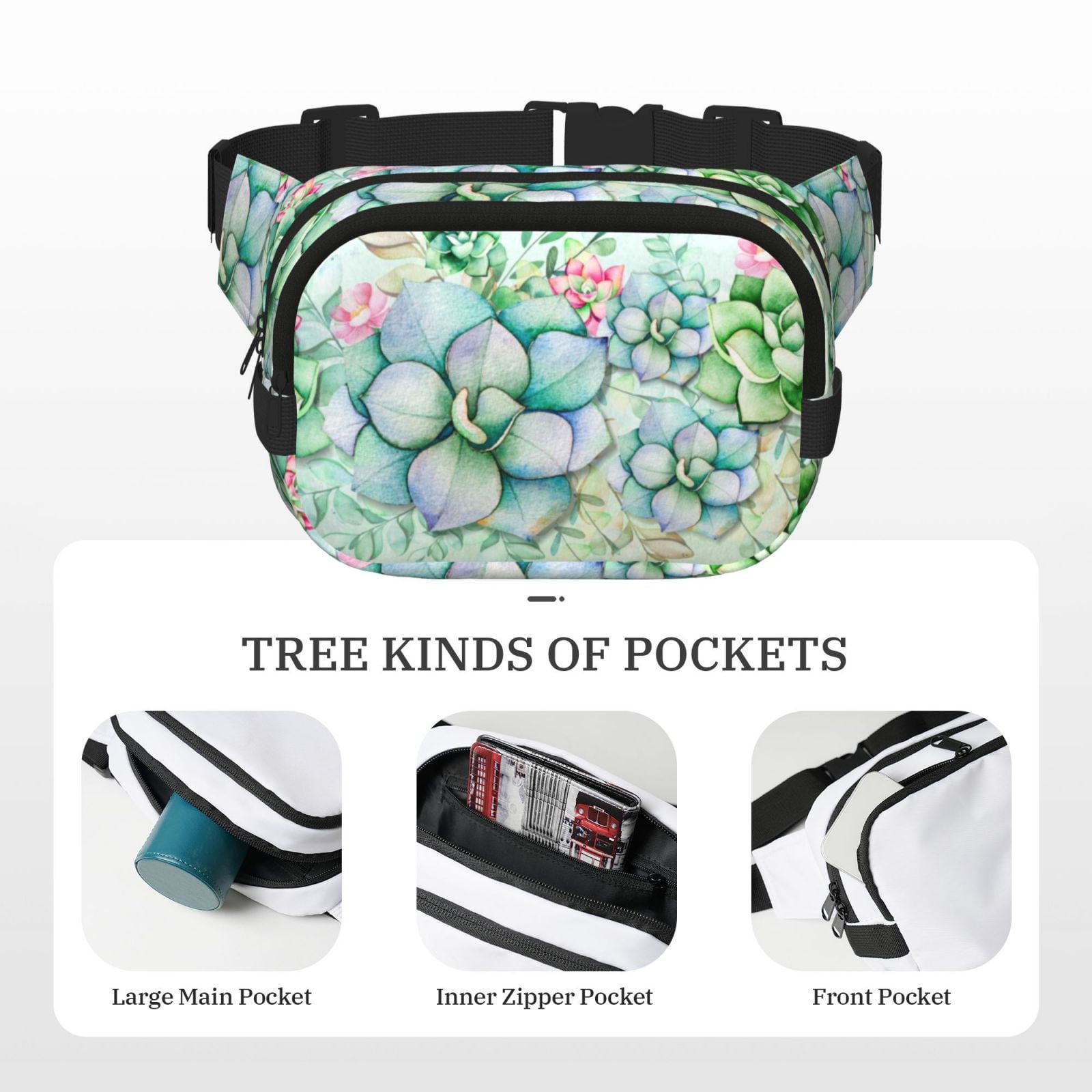 Picia Succulent Print Square Double-Layer Waist Bag Mini Adjustable Waist Belt Bag Exercise Running Travel Hiking