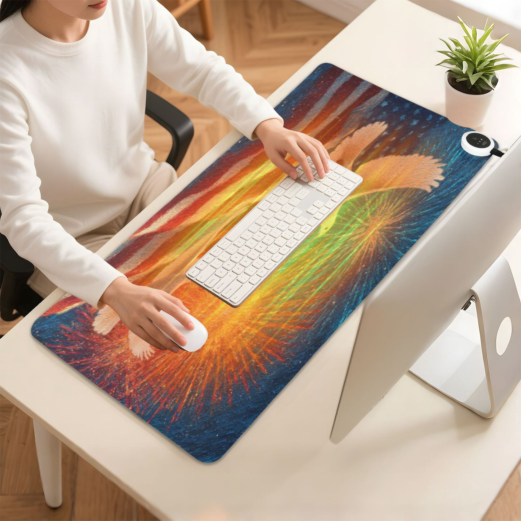 Large Heated Desk Mat Mouse Pad 31.5"x13"PU Leather Graphene Heating Desk Warmer with 3 Temperature Settings 110V US Plug Non-Slip Warm Pad for Home, Office, and Gaming White Dove and American Flag