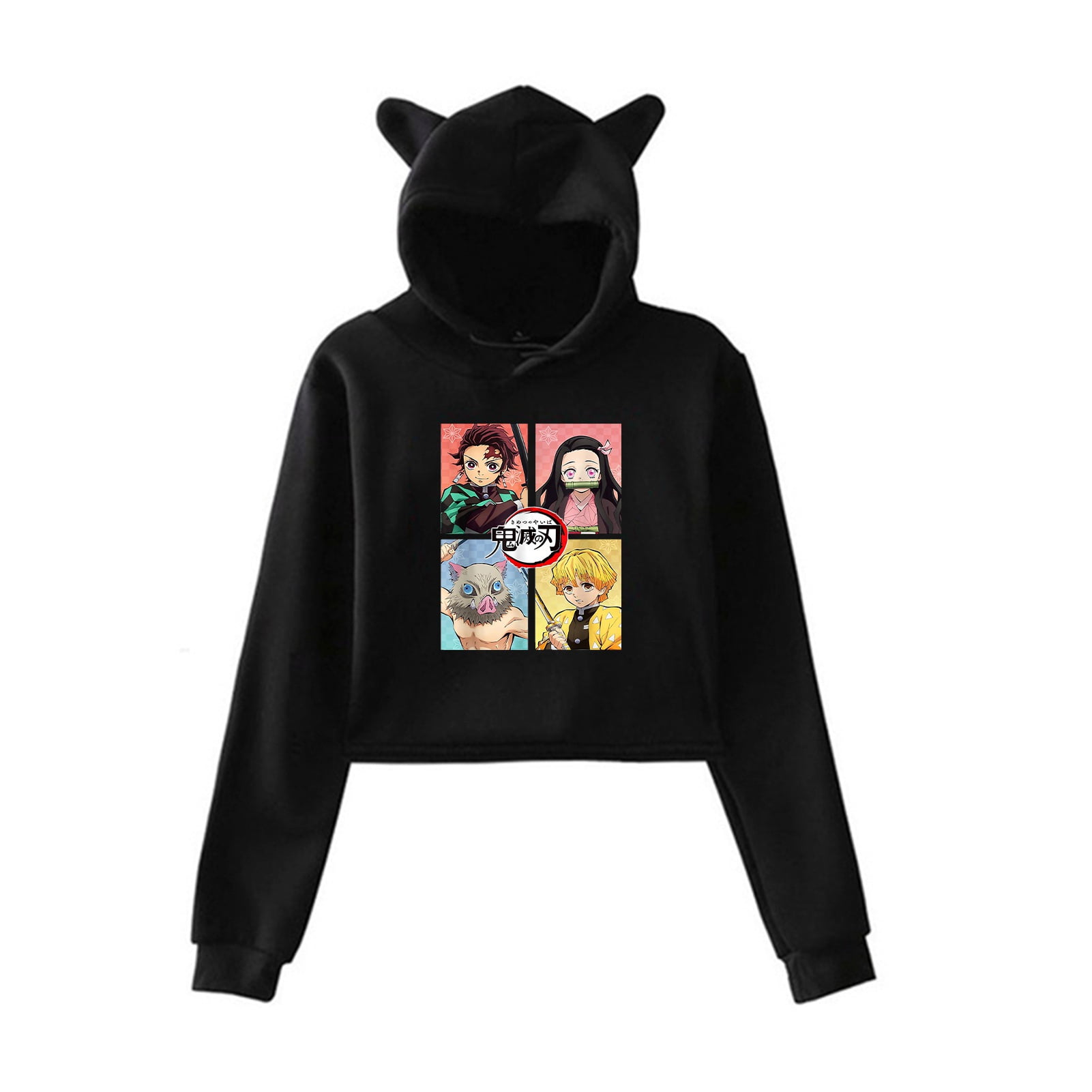 Shiyao Cute Demon Slayer Hoodie Anime Cat Ear Hooded Sweatshirts Crop Top For Women Teen Girls Black L Walmart Com
