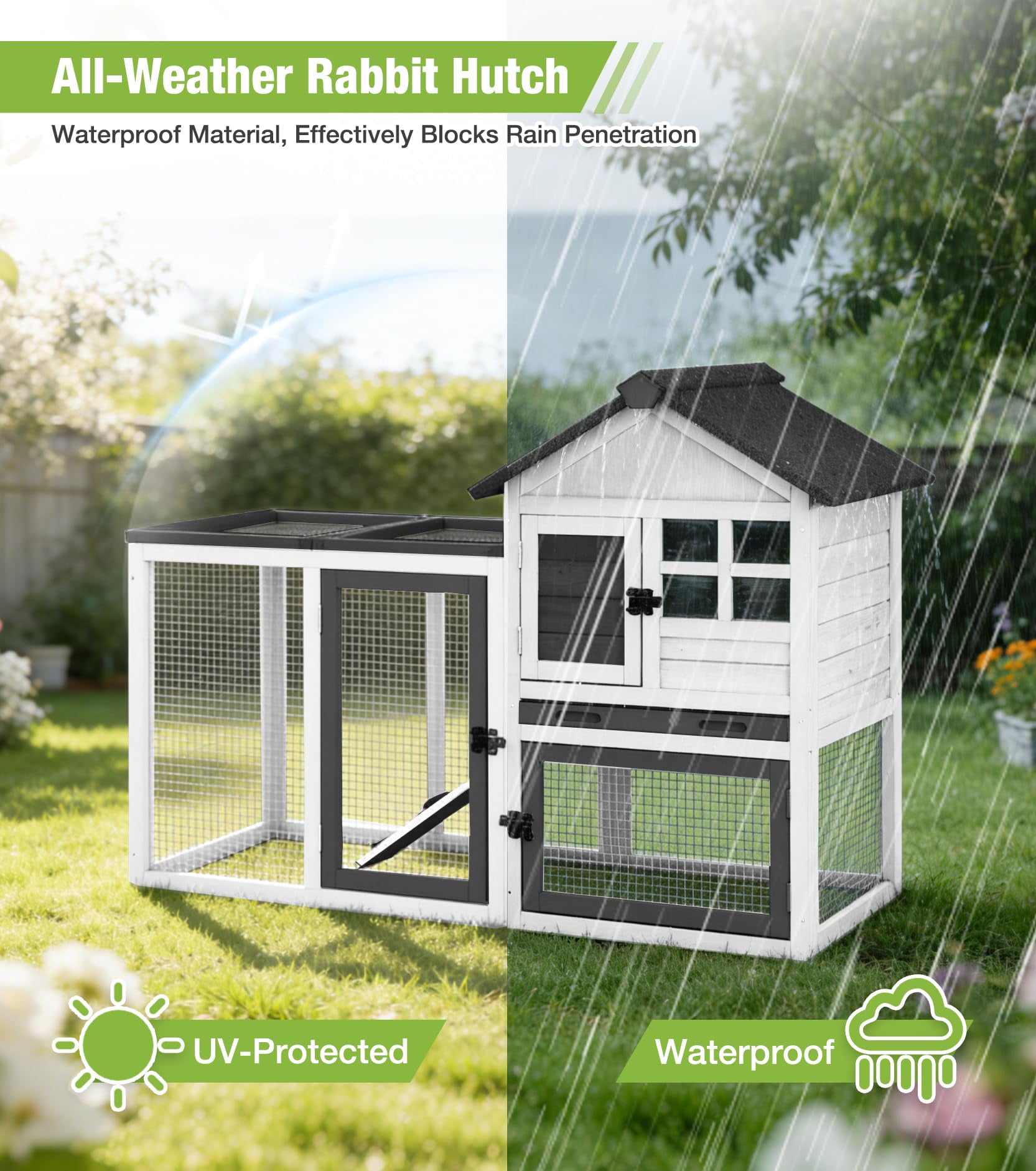 Aivituvin Rabbit Hutch Outdoor Rabbit Cage Indoor 51.6" L Waterproof Bunny Cage with Chew-Proof Ramp and Lockable Doors for Indoor Outdoor Use Black and White