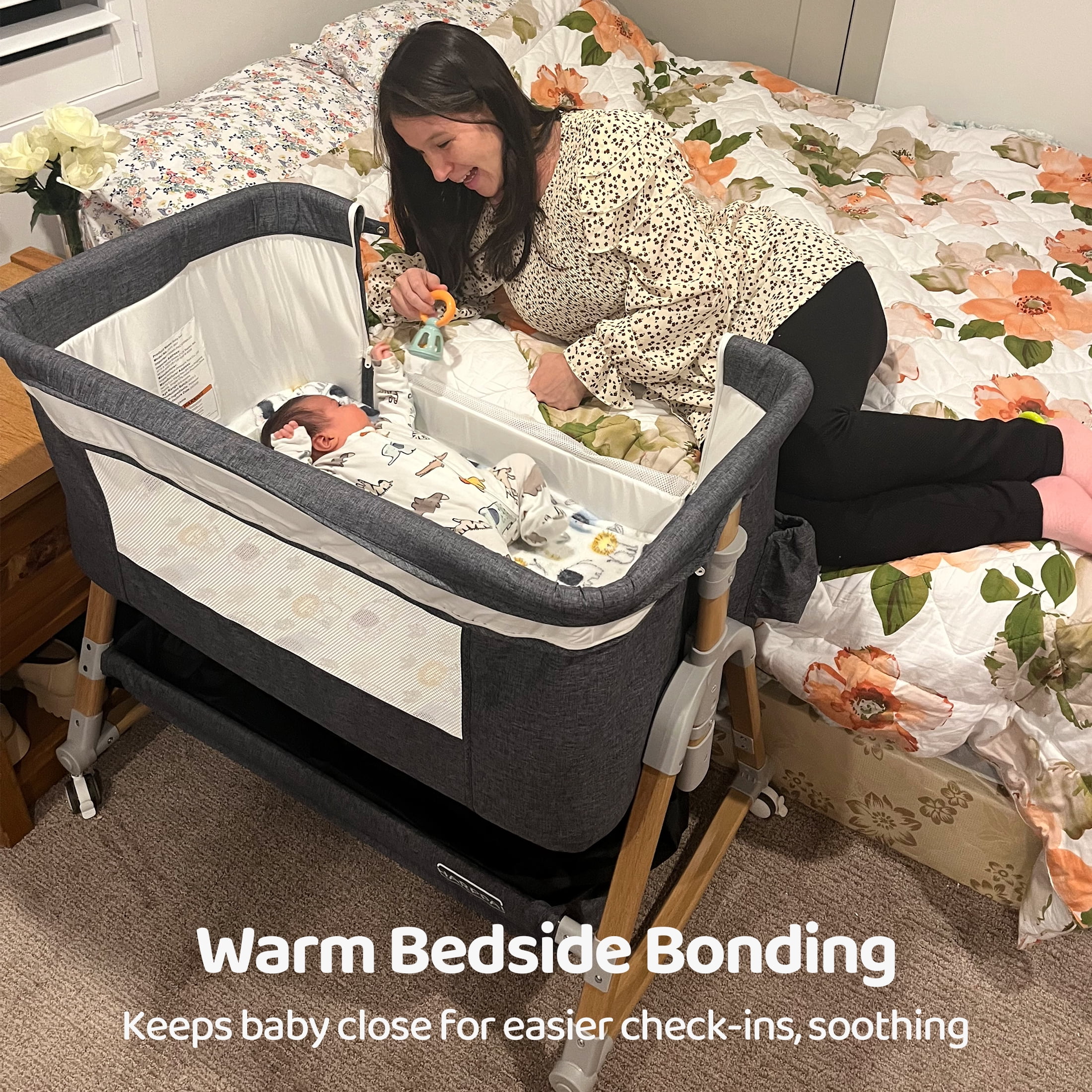 HARPPA 3 in 1 Baby Bassinet Bedside Sleeper, Height Adjustable, Easy Folding, Gray