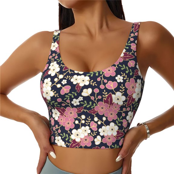 Sports Bras for Women High Support -Pink White Flowers Soft Athletic Crop Workout Tank Top for Women