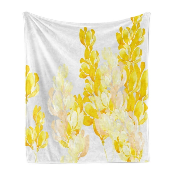 Yellow and White Soft Flannel Fleece Blanket, Watercolor Art Style Blossoming Wild Flowers Spring Meadow Botany Nature, Cozy Plush for Indoor and Outdoor Use, 50" x 70", Yellow White, by Ambesonne