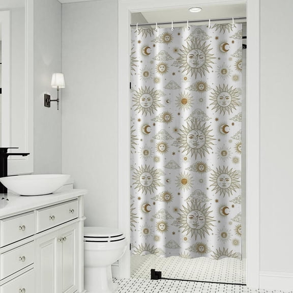 White Sun Moon Cloud Star Pattern Shower Curtain 36"x72" ,Bathroom Decorative Shower Curtains Set with 12 Hooks,Modern Waterproof Washable Shower Curtain