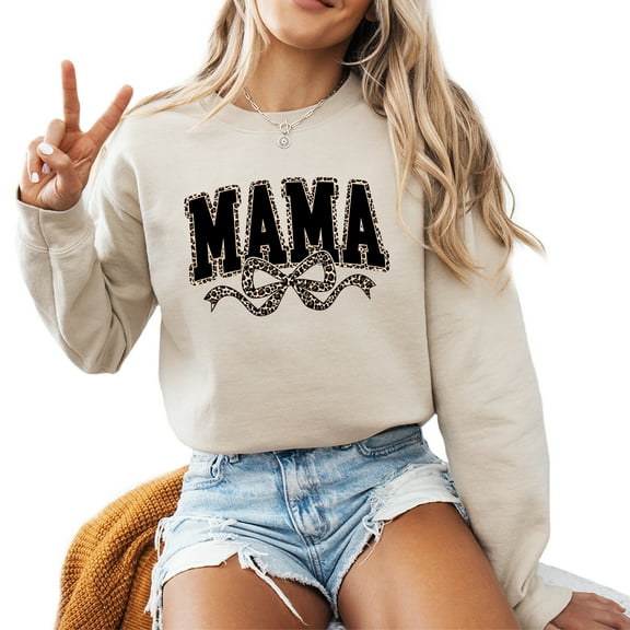 Leopard Ribbon Mama Sweatshirt Women Casual Fall Thanksgiving Season Long Sleeve Graphic Shirts Pullover Tops