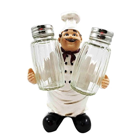Fat Bistro Chef Hugging Seasons and Spice Salt Pepper Shaker Holder Figurine Stand