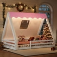 thumbnail image 6 of QZYeYun Full Size House Floor Bed with Tent and Light, Solid Wood Teepee Floor Bed with Full-length Guardrails, Montessori and Childlike Design (White-Pink), 6 of 7