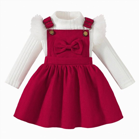 Kakishop Toddler Baby Girl Clothes Long Sleeve Knit Ribbed Tops Bowknot Corduroy Suspender Skirt Dress Outfits (3-4 Years)