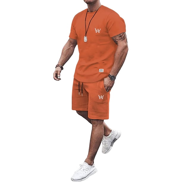 Conjunto de 2 piezas con estampado de letras para hombre, playera de manga corta con cuello redondo y pantalones cortos con cordón Naranja Extra Grande Naranja Extra Grande Xishao ropa