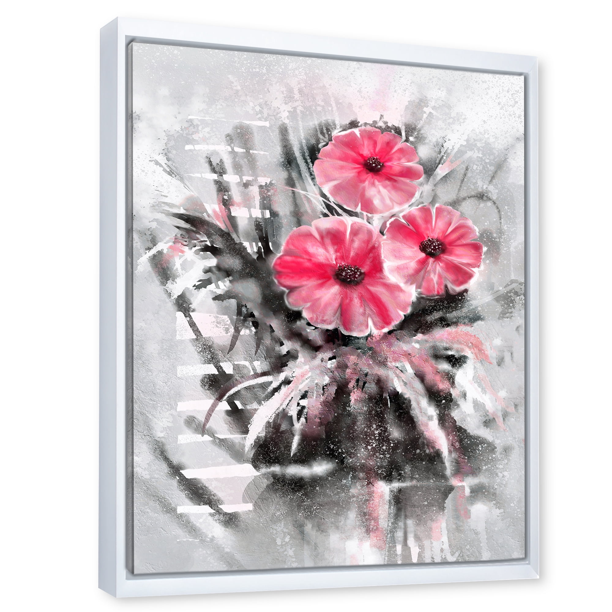 Designart 'Abstract Red Flowers On Gray Background' Traditional Framed Canvas Wall Art Print