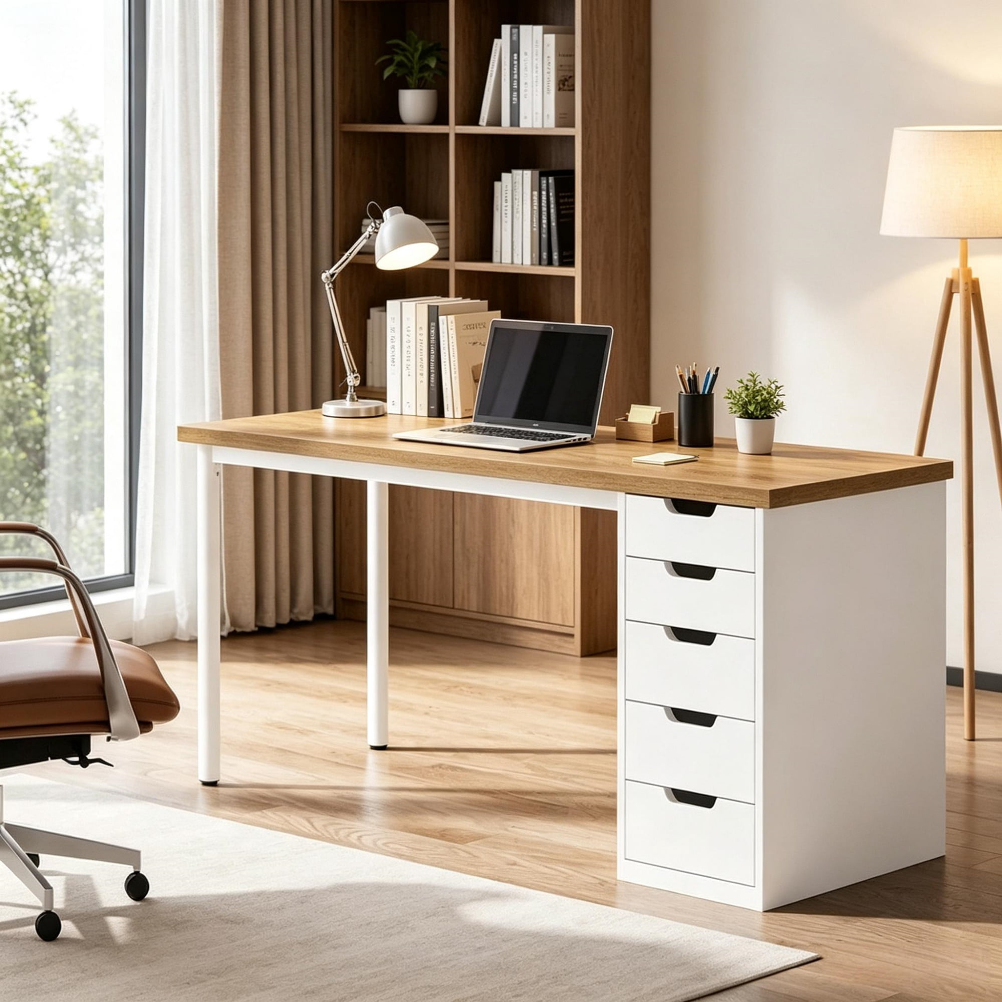 47 Inch Modern Computer Desk with 5 Reversible Drawers, Study Writing Table for Home Office