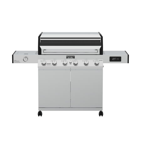 Condition photo showing New/Like New for denali 6-burner propane gas grill in stainless with clearview lid  3-phase led controls and side burner