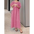 thumbnail image 3 of sicmoss Women's Red Cotton Striped Gingham Swing Dress Crew Neck Loose Fit Midi Lantern Sleeve, 3 of 7