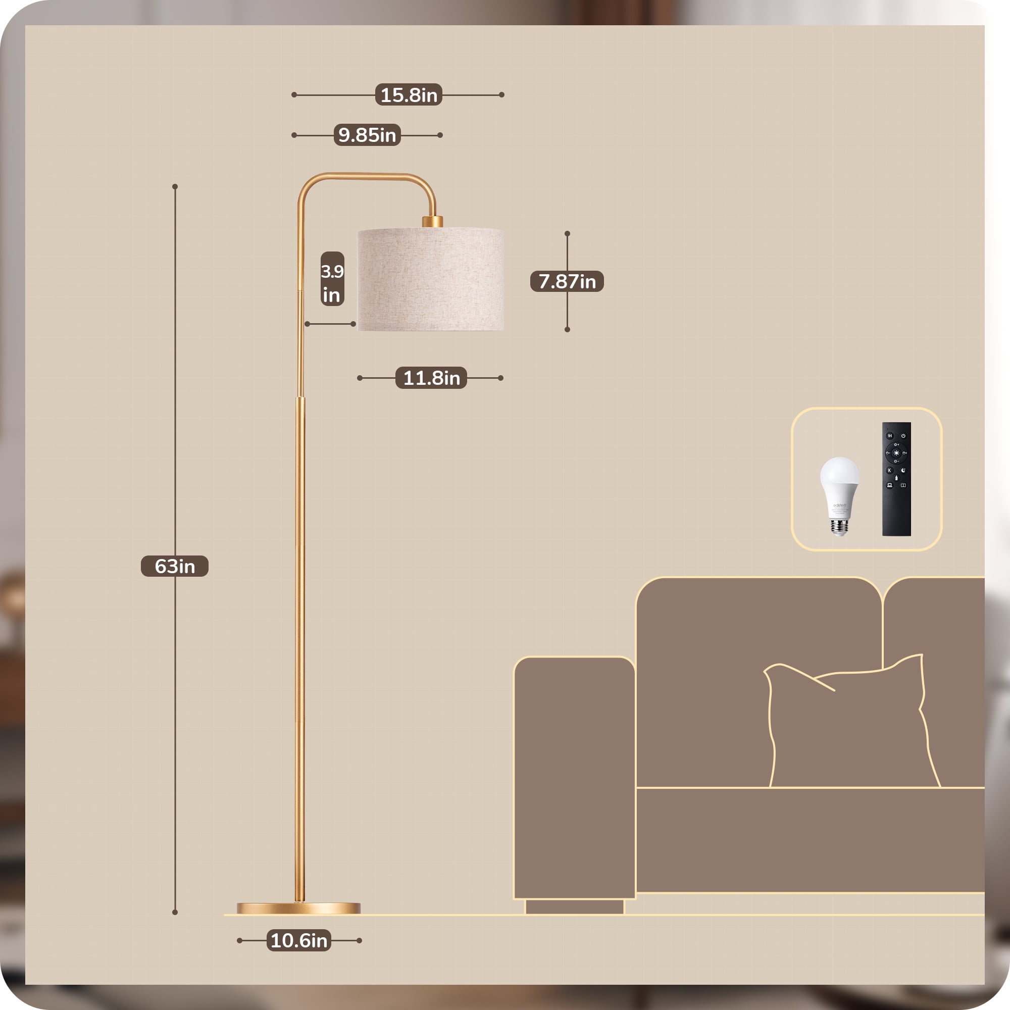 EDISHINE Modern Arc Gold Floor Lamps for Living Room with Remote, 5CCT, Dimmable, Metal Pole Lamps with Shade for Bedroom, Office, Read Lighting, LED Bulb Included