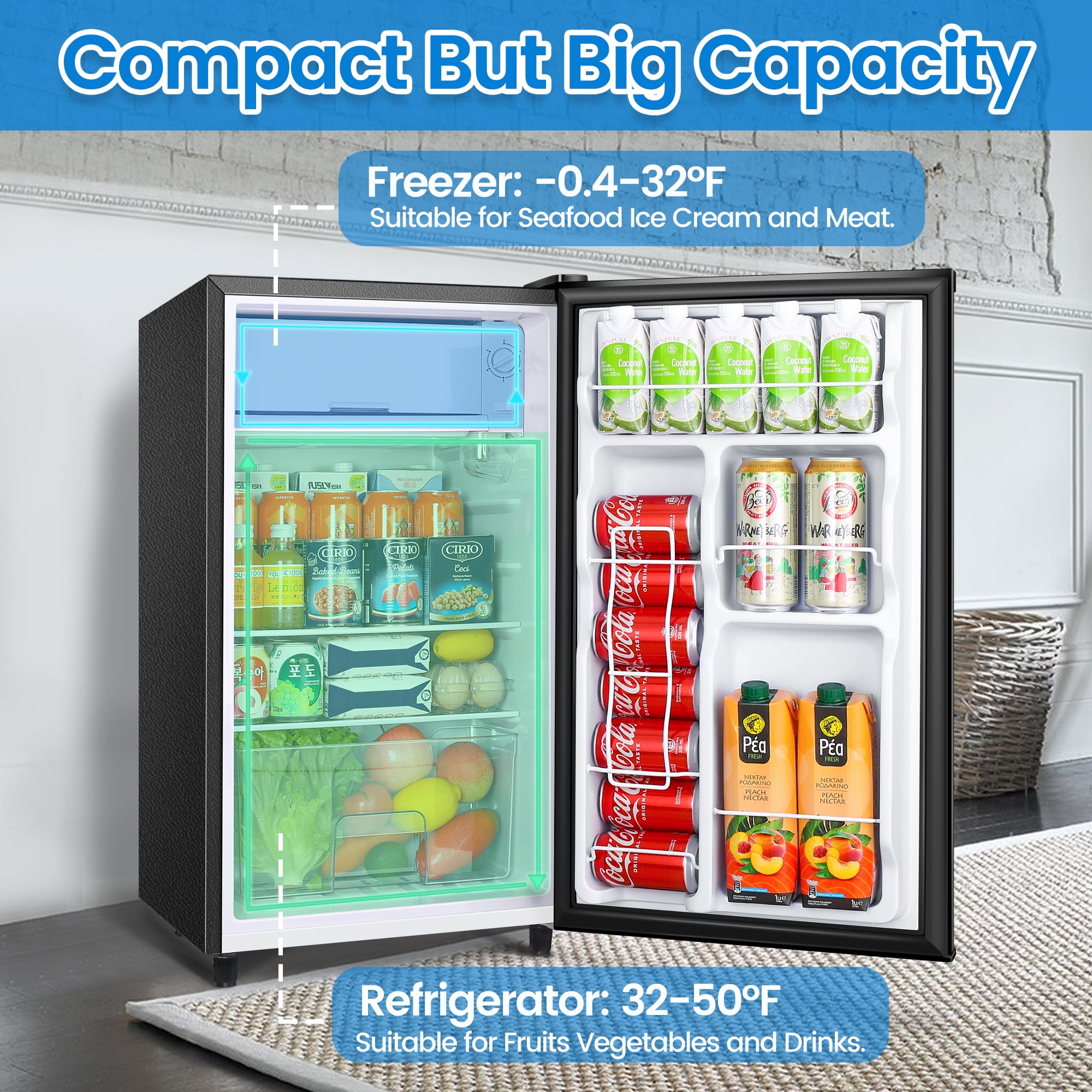 WANAI 3.2 cu.ft Adjustable Temp Single Door Mini Fridge, Black