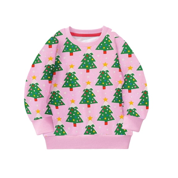 Byoo Toddler Girl's All Over Tree Print Sweatshirt Crew Neck Long Sleeve Sweatshirts Holiday Pullover Sweatshirt,Pink