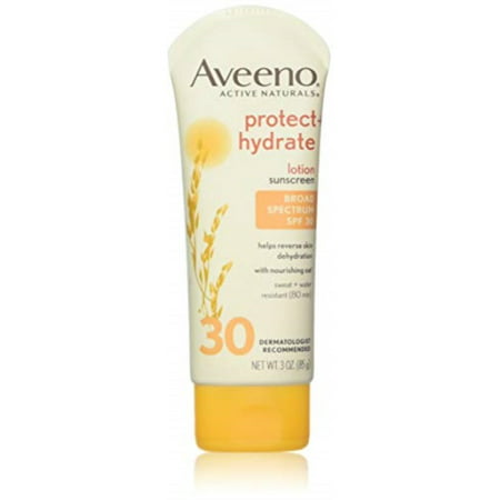 aveeno protect + hydrate moisturizing sunscreen lotion with broad spectrum spf 30 & antioxidant oat, oil-free, sweat- & water-resistant sun protection, travel-size, 3