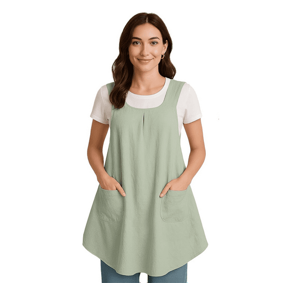Apron with Pocket Cotton Linen, Japanese Back Apron for Gardening Painting Green,1pcs x apron,Green