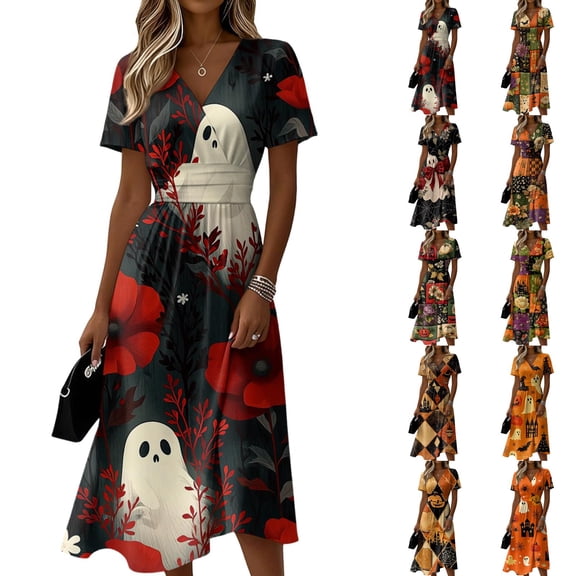 Halloween Dresses for Women Ghost V Neck Skeleton Funny Wedding Guest Dress Bat Short Sleeve Fall Wrap Dresses S