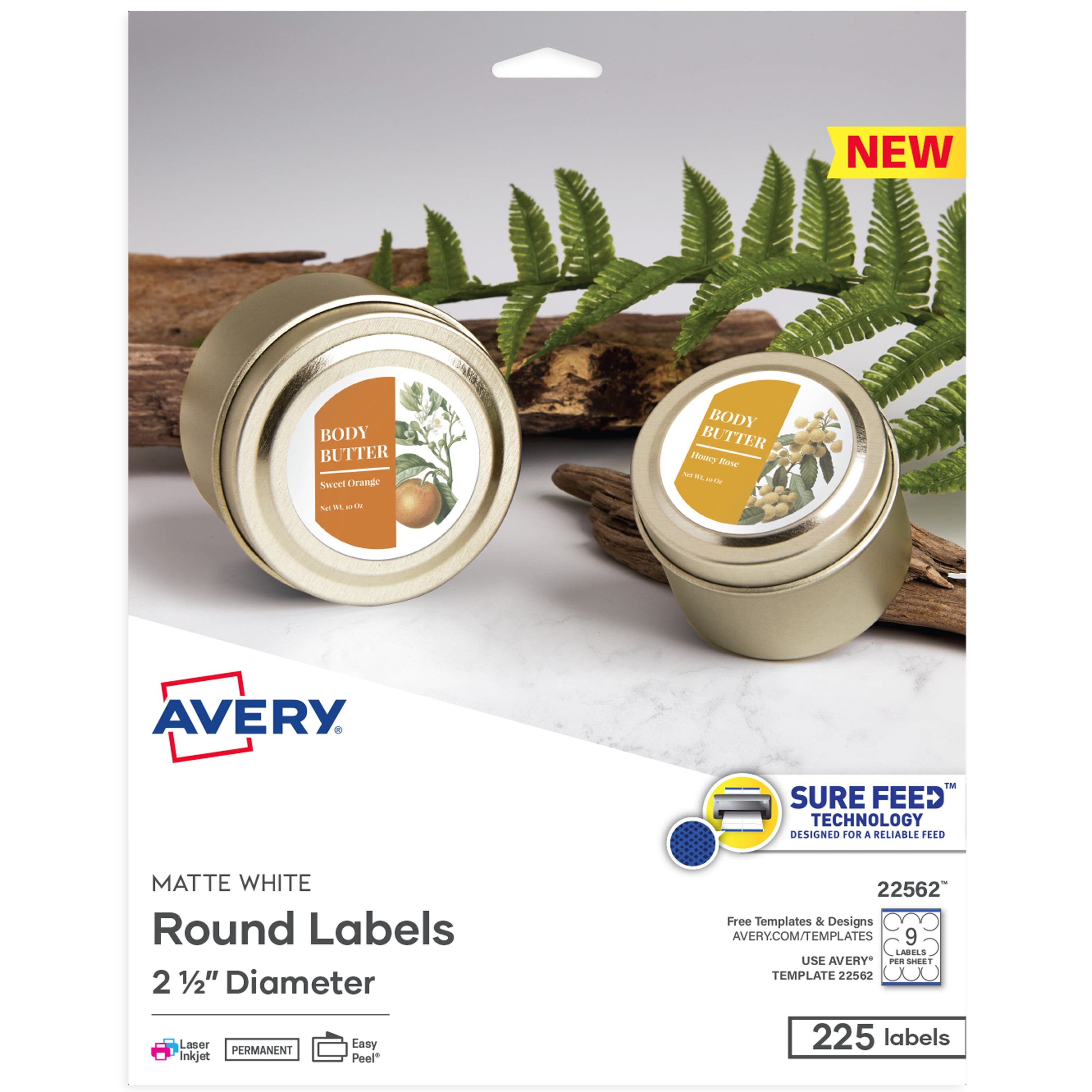 Avery Printable Round Labels, 2.5" Diameter, Matte White, 225