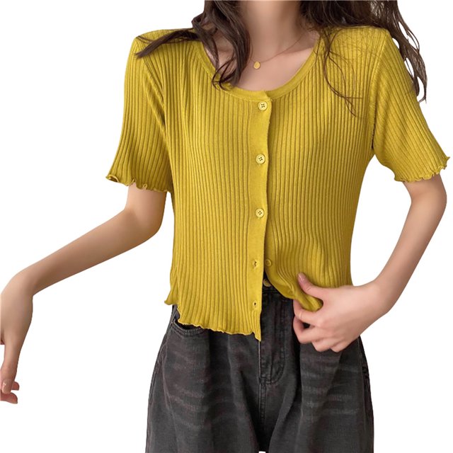 Camisa de mujer Botón Suéter de punto fino Camiseta casual de manga corta suave, Amarillo AweSitey AP001278-02B