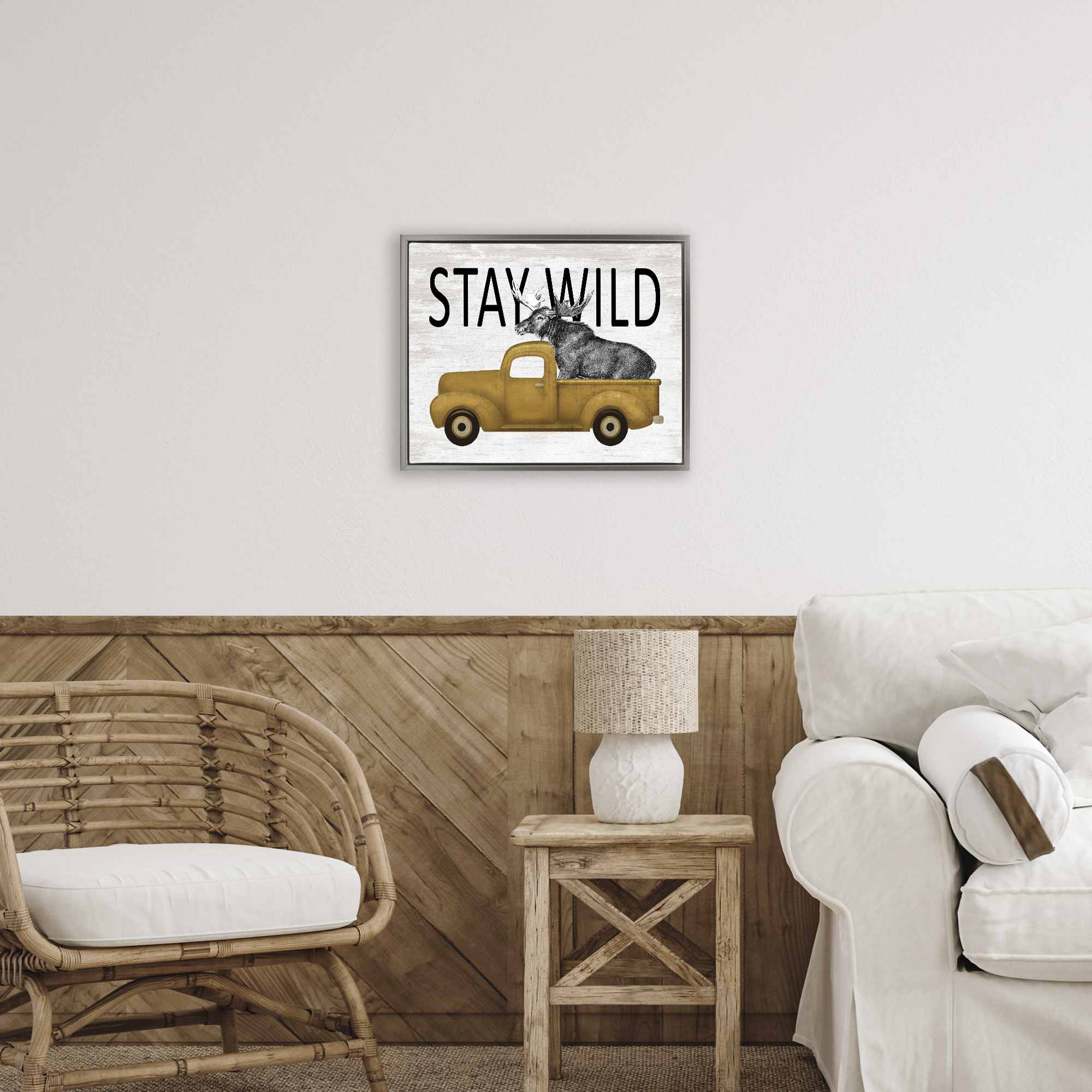 Stay Wild Moose Truck Gray Framed Floater Canvas Wall Art, design by Lettered and Lined