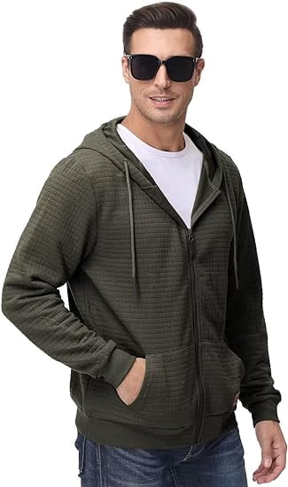 QPNGRP Men's Full-Zip Hoodie Lightweight Hoodie Sweatshirt Jacket Solid Hooded with Kanga Pocket Armygreen M