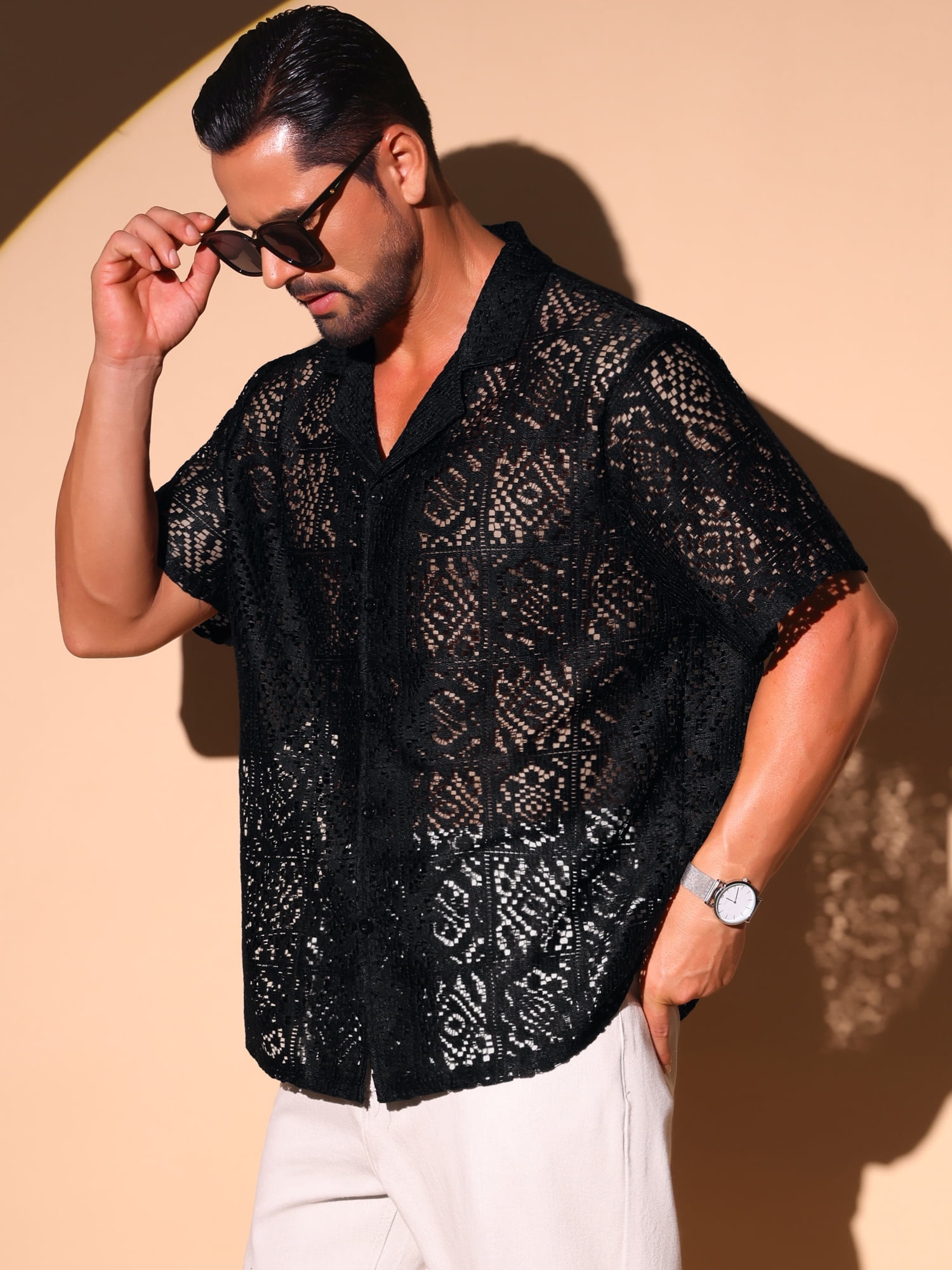 DARING DIVA Men's Hollow Lace Button Down Short Sleeve See Through Mesh Shirts S Black