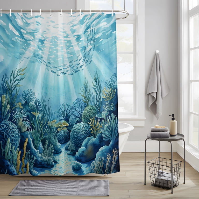fish shower curtains bath accessory sets Kids Ocean Shark Curtain Set, Fun Corals Sealife Shower Curtain, Cool Underwater Bathroom Accessories, Printed Pattern Decorative -62 * 72 : Home & Kitchen Durable Fabric GDHBLING bass Fishing Shower Curtain